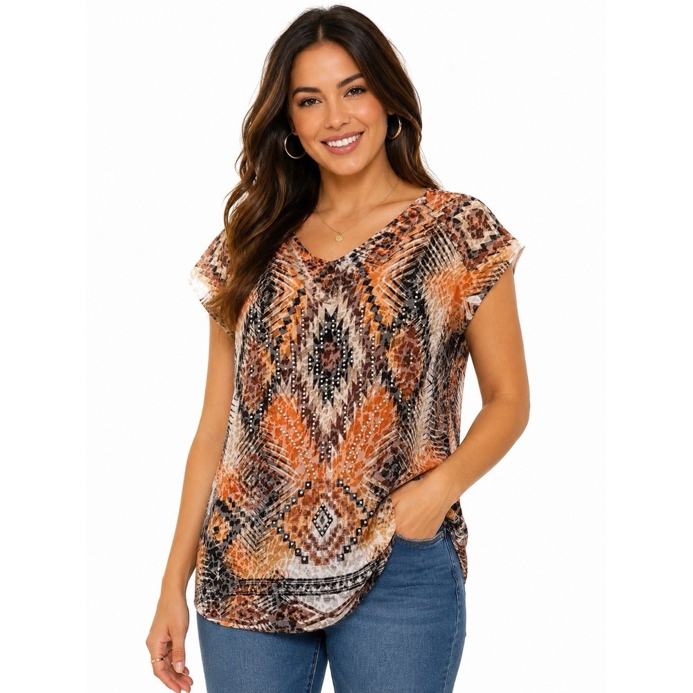 Bongo XL Orange Tribal Animal Print Studded‎ Sheer Cap Sleeve Top